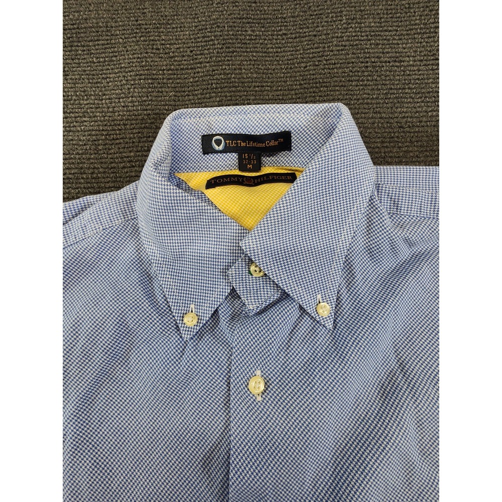 Tommy Hilfiger Button Down Shirt Mens 15.5 Blue Micro Gingham TLC LifetimeCollar